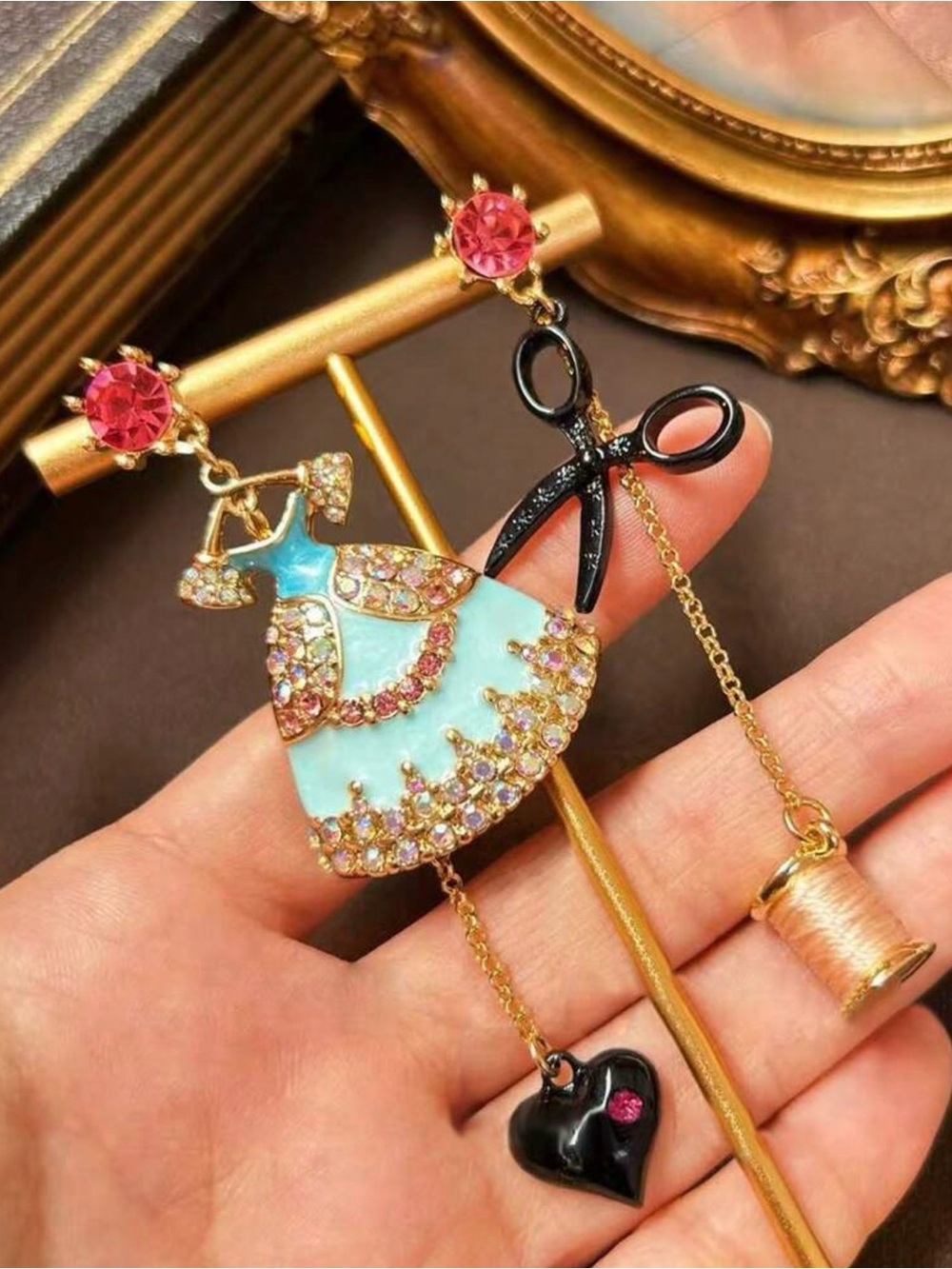 Mismatched Sewing Gold  Earrings Dress Scissors Dangle Earrings